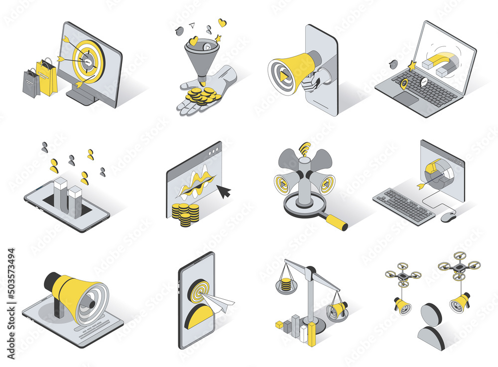 Poster marketing concept 3d isometric icons set. pack elements of target, advertisement, attracting, data a
