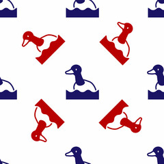 Blue and red Flying duck icon isolated seamless pattern on white background. Vector
