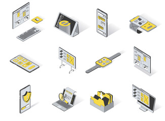 User interface concept 3d isometric icons set. Pack elements of ui layout for computer, tablet, smartphone, board, watch, content, software and other. Vector illustration in modern isometry design - obrazy, fototapety, plakaty