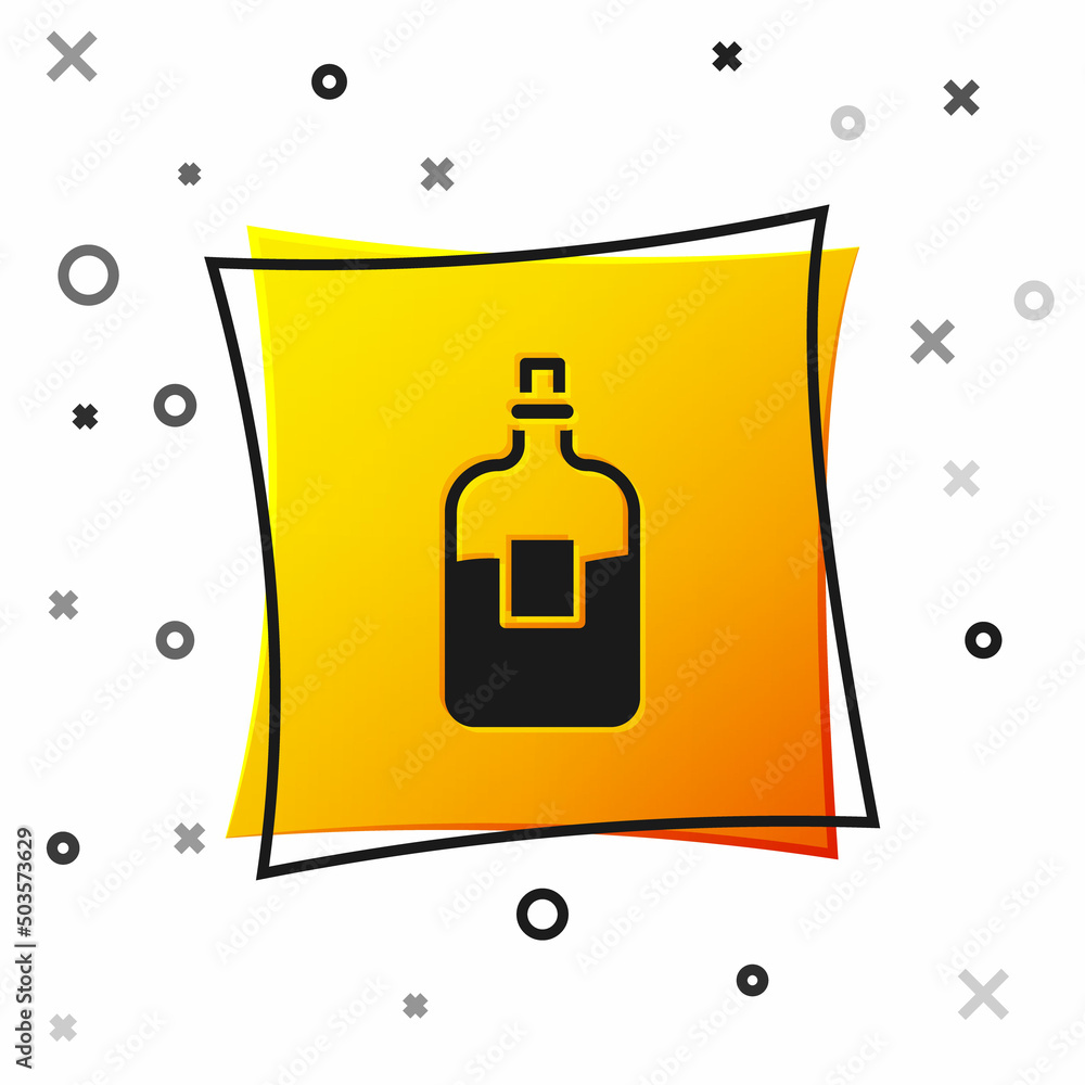 Sticker black glass bottle of vodka icon isolated on white background. yellow square button. vector