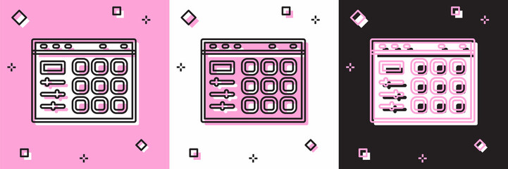 Set Drum machine icon isolated on pink and white, black background. Musical equipment. Vector