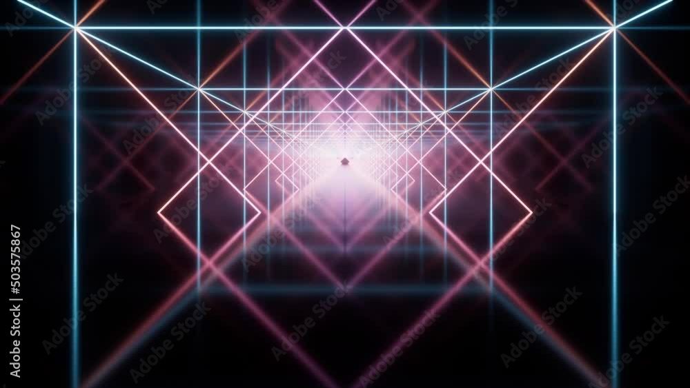 Poster loop animation in glowing neon lines tunnel, 3d rendering.