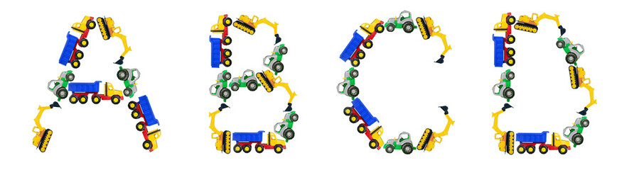 Letters A, B, C, D made from toy cars