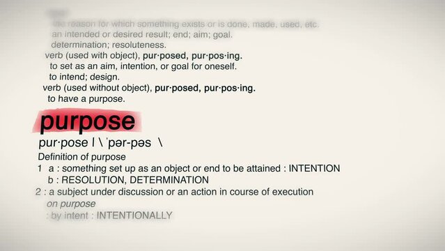 The Word Purpose Red Highlighted in a Dictionary Animation
