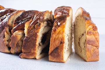 Chocolate Walnut Braid Bread, displayed on gray background