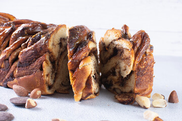Chocolate Walnut Braid Bread, displayed on gray background