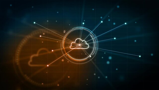 Cloud computing, Global Network - Futuristic blue cloud with pixel digital transformation abstract new technology world map background. Artificial intelligence and big data concept. 