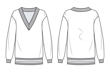 Unisex V-neck Sweatshirt fashion CAD. Woman  Sweatshirt with rib details fashion flat technical drawing template.  Jersey or woven fabric sweatshirt with front, back view, white color.