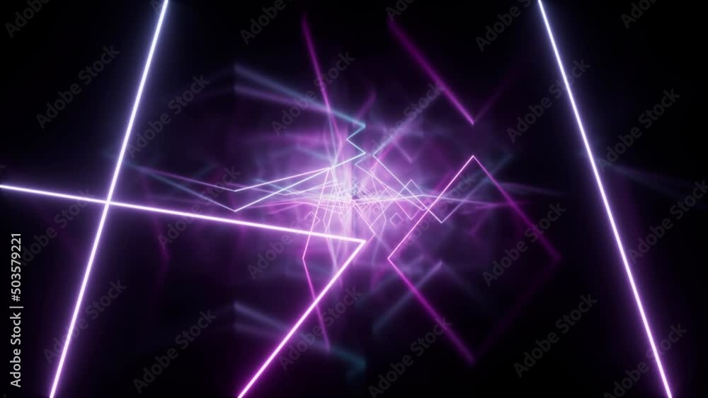 Poster loop animation in glowing neon lines tunnel, 3d rendering.