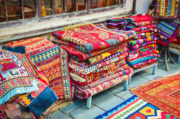 Traditional Georgian Carpets with typical geometrical patterns in the street shop, Tbilisi, Georgia