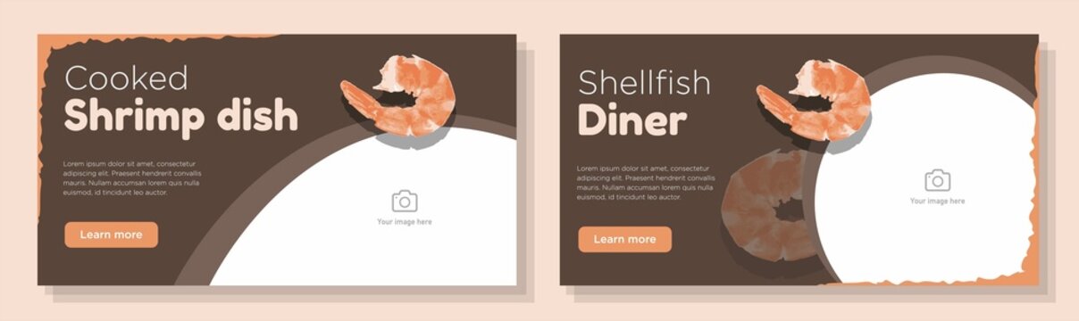 Shrimp diner menu online banner template set, prawn dish advertisement, horizontal ad, delicious fresh seafood campaign webpage, restaurant flyer, creative brochure, isolated on background