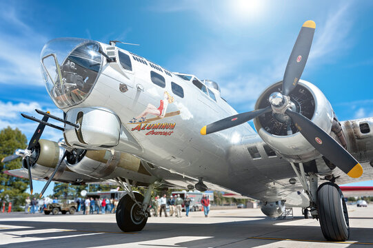 B17 Flying Fortress Bomber Aluminium Overcast USAF WWII Aircraft pictured in Flagstaff Arizona USA