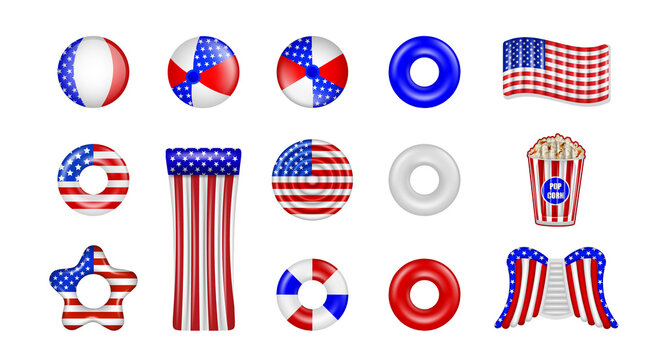 Set of isolated pool inflatables with american flag colors. 4th of july pool party elements.