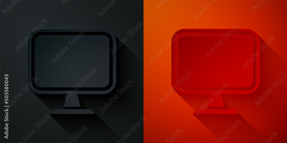 Poster paper cut computer monitor screen icon isolated on black and red background. electronic device. fron