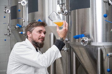 Brewer wearing white coat controlling process of beer fermentation while working at modern beer...