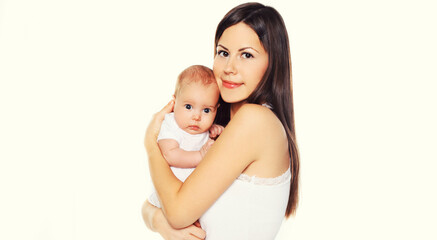 Portrait of happy mother holding cute baby on white background, blank copy space for advertising text