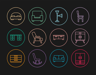 Set line Wardrobe, Chest of drawers, Floor lamp, Armchair, Office desk, Big bed, and icon. Vector