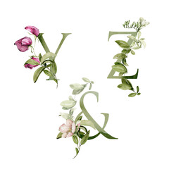 Watercolor floral alphabet. Hand painted letters, numbers with field greenery, wildflowers, herbs,...