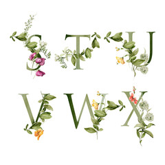 Naklejka na ściany i meble Watercolor floral alphabet. Hand painted letters, numbers with field greenery, wildflowers, herbs, bouquet. Font with leaves, flowers isolated on white background. Botanical illustration for logo
