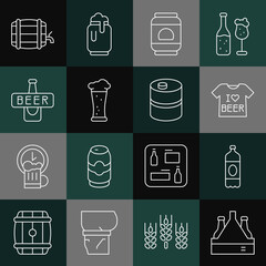 Set line Pack of beer bottles, Plastic, Beer T-shirt, can, Glass, Wooden barrel on rack and Metal keg icon. Vector