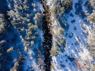 Aerial winter view of Rila Mountain near Beli Iskar river, Bulgaria - obrazy, fototapety, plakaty