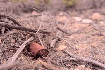 Garbage from rusted aluminum can thrown away on the ground. Soil contamination, pollution of environment. Close-up with bokeh background. Copy space. High quality photo