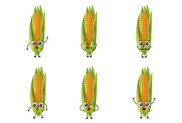 Set of cute cartoon corn vegetables vector character set isolated on white background