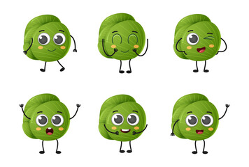 Obraz premium Set of cute cartoon green cabbage vegetables vector character set isolated on white background