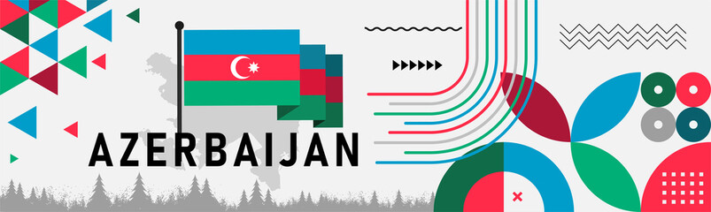 Azerbaijan national day banner with Azerbaijani map, flag colors theme background and geometric abstract retro modern blue red green design. Baku Vector Illustration. - obrazy, fototapety, plakaty