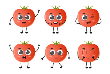 Set of cute cartoon tomato vegetables vector character set isolated on white background