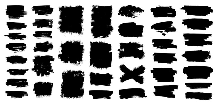 Stencil paintbrush collection. Dirty artistic texture box for text. Ink brush stroke, art collection for text. Ink dried paint smears. Brush stroke with splashes and drops blots. Vector collection