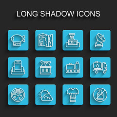Set line Radar with targets on monitor, Sun and cloud weather, Airship, Box flying parachute, No alcohol, Plane, Fuel tanker truck and Conveyor belt suitcase icon. Vector