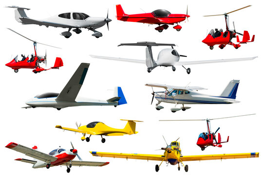 Sporting light aircraft, gliders and gyroplanes isolated on white background..