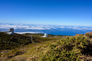 International space observatory and telescopes on La Palma island located on highest mountain range Roque de los muchachos, sunny day, Canary islands, Spain