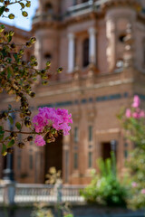 Old historical Andalusian town Seville, Spain. View on architectural details of buidings.
