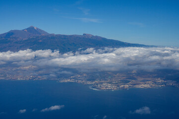 Aerial panoramic view on Tenerife island with peak of Mount Teide, volcatic landscape, Canary islands, Spain
