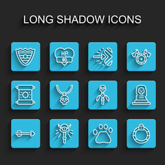 Set line Arrow, Magic staff, Shield, Bear paw footprint, stone ring, Necklace amulet, Grave with tombstone and icon. Vector