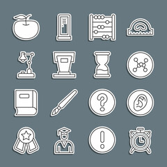 Set line Alarm clock, Ear listen sound signal, Chemical formula, Abacus, Stage stand, Table lamp, Apple and Old hourglass icon. Vector