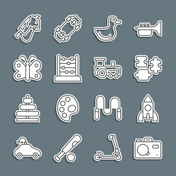 Set line Photo camera, Rocket ship toy, Puzzle pieces, Rubber duck, Abacus, Butterfly, Toy horse and train icon. Vector