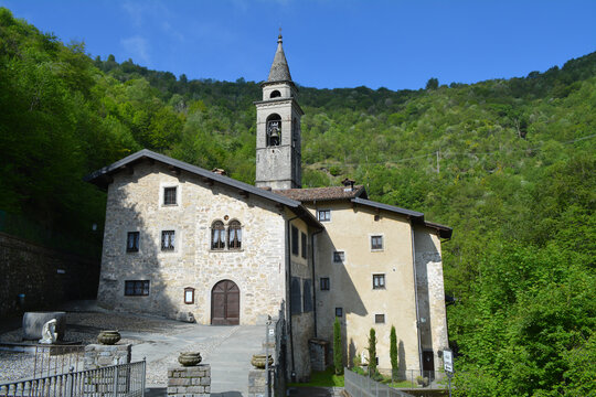 Old historic Sanctuary of Madonna Perello against a blue cloudy sky on a sunny day