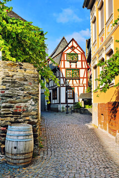 Cozy leafy medieval street with half timber house, Rhine region, Germany