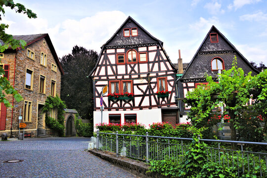 Cozy leafy Old Town with half timber houses, Bacharach, Rhine region, Germany