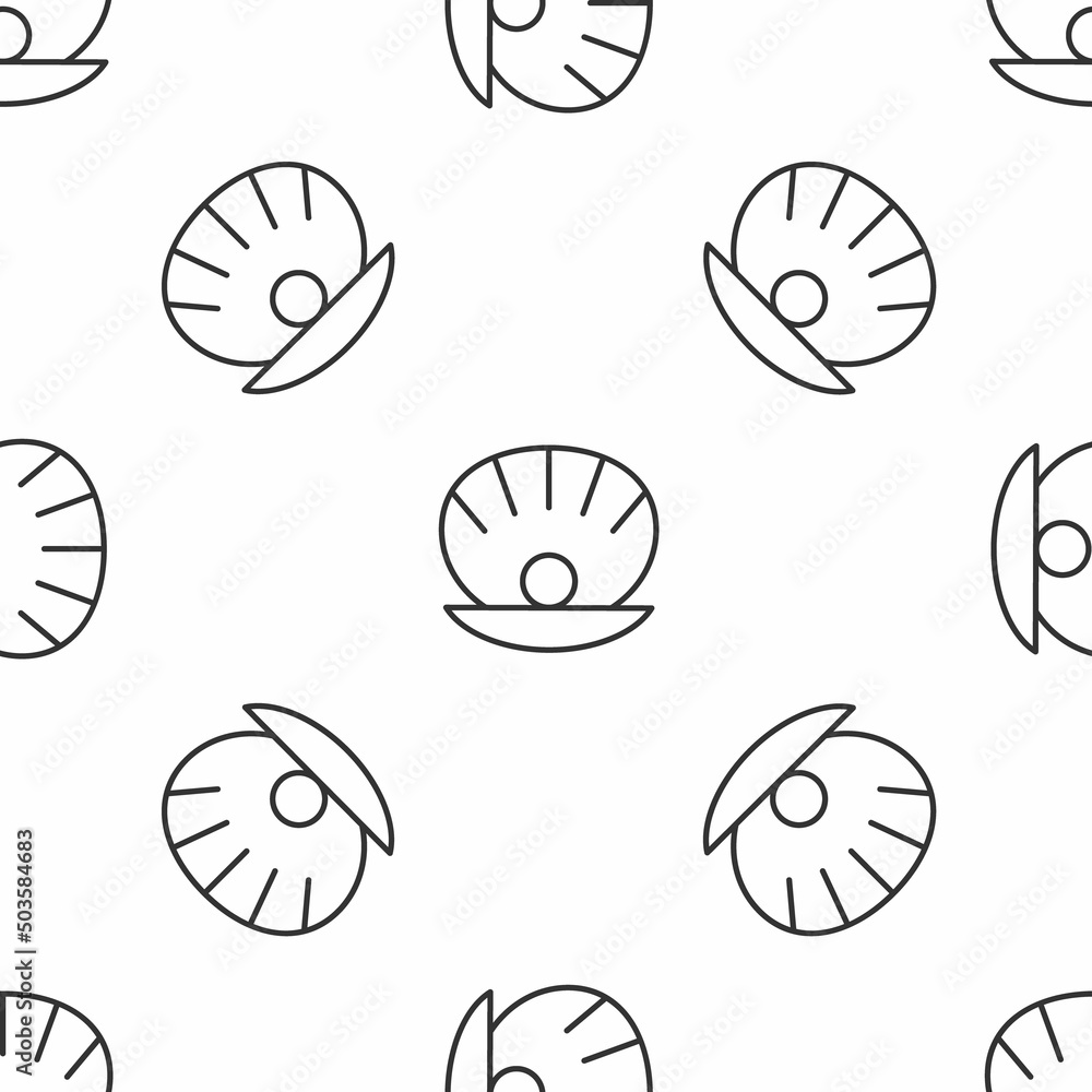Poster grey line natural open shell with pearl icon isolated seamless pattern on white background. scallop 