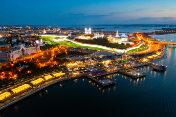 Fototapeta na wymiar Aerial view of evening Kazan Kremlin and the Volga river embankment. Kazan city. Russia