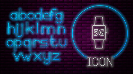 Glowing neon line Smart watch 5G new wireless internet wifi icon isolated on brick wall background. Global network high speed connection data rate technology. Neon light alphabet. Vector