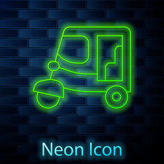 Glowing neon line Taxi tuk tuk icon isolated on brick wall background. Indian auto rickshaw concept. Delhi auto. Vector