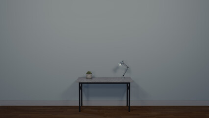 Interior design shot with side table, plant and lamp against a pale eggshell blue wall