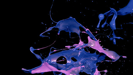Mix blue andpink liquid splashes, swirl and waves with scatter drops. The royalty-free stock of paint, oil or ink splashing dynamic motion, design elements for advertising isolated on black background