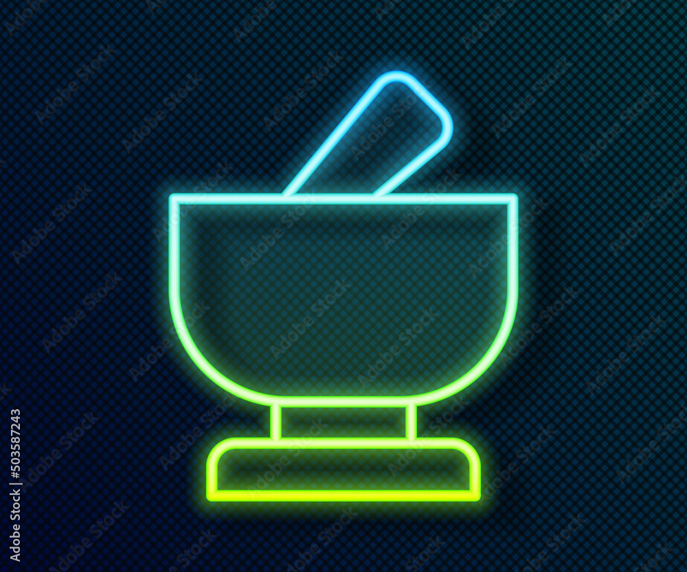 Sticker Glowing neon line Mortar and pestle icon isolated on black background. Vector