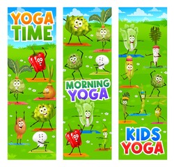 Morning kids yoga cheerful cartoon vegetables on fitness. Vector personages bell pepper, kohlrabi, onion and potato. Cauliflower, champignon, chinese cabbage, and corn, radish, asparagus with olive